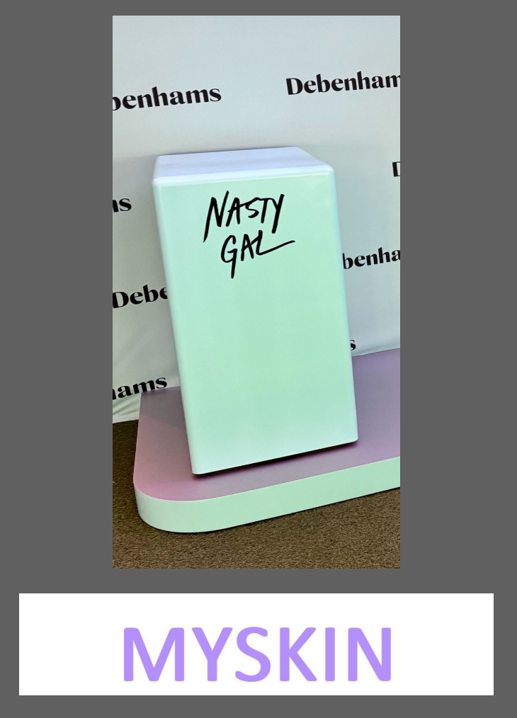 My Skin Plinth 4.5 x 1.5 x 3ft painted white with logo on front. Acrylic logo for shelf backdrop and backdrop painted white. Delivery £100